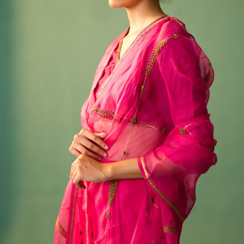 New designer Indian Magenta silk with organza with golden hand embroidered Saree - Picture 3 of 8